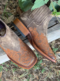 Women’s Weathered Squared Toe Leather Boots With Orange Embroidery