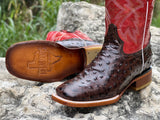 Men Brown Ostrich Leather Boots With Red Shaft- Square Toe