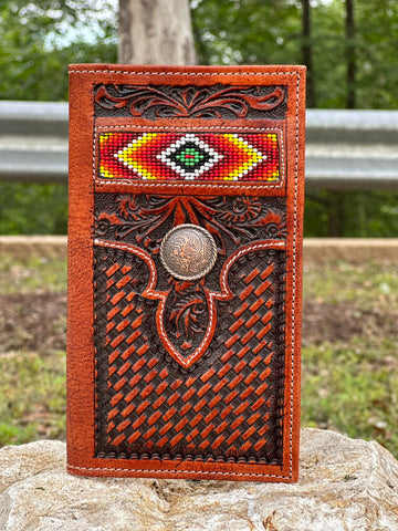 Cognac Artesanal Long Wallet With Colorful Beaded