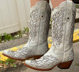 Women’s Distressed White Leather Boots With Silver Inlay