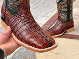 Men’s Cognac Crocodile Tail/ Green Shaft- Square Toe