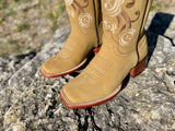 Women’s Honey Leather Boots With Floral Embroidery—Square Toe