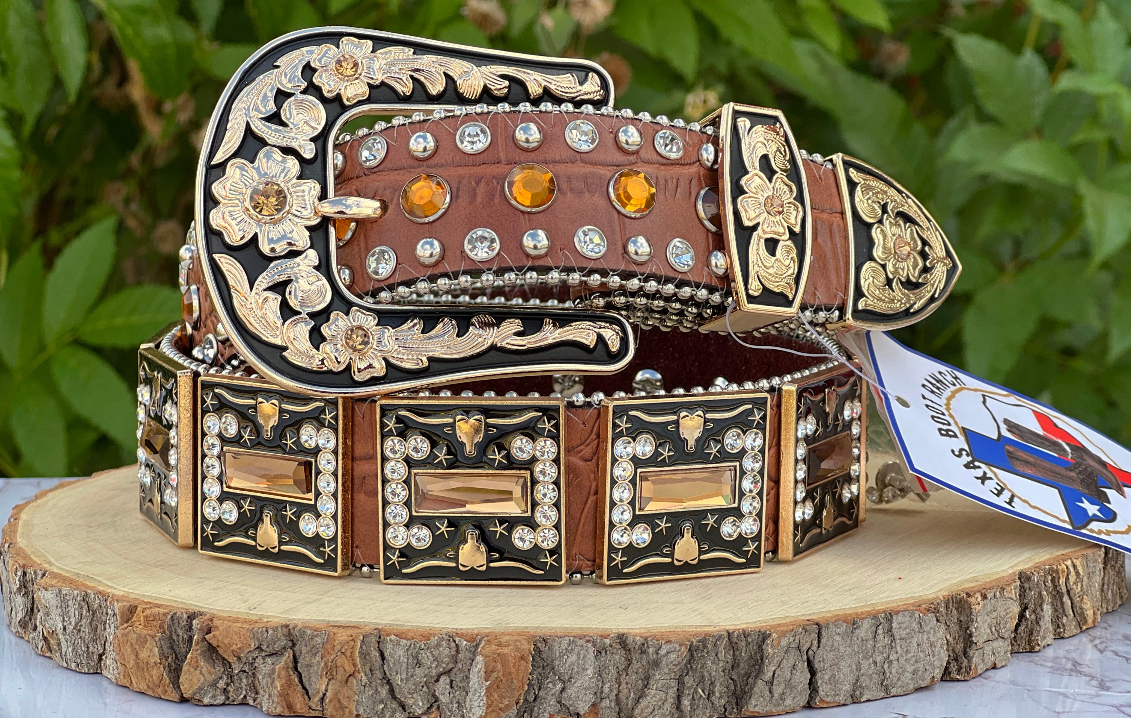 Men Women Longhorn Buckle high quality Red Color Rhinestone Hardware Black Coffee White Red Leather Beaded Strap Big Stones Cowboy Cowgirl Bling Belt