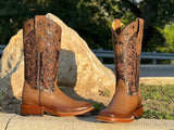 Women’s ombré Leather Boots With Brown Floral Embroidery.