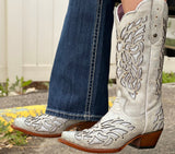 Women’s Distressed White Leather Boots With Silver Inlay