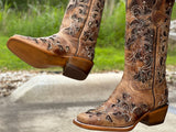  Women’s Rustic Honey Leather Boots With Gold Inlay-Rodeo Toe