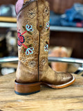 Women’s Rustic Brown Leather Boots With Flower Embroidery Shaft