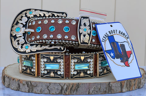 Western Brown Leather Belt With Light Blue Longhorn Rhinestones