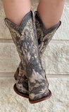 Women’s Distressed Grey Leather Boots With Beige Embroidery