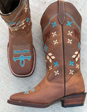 Women’s Light Brown Leather Boots With Blue & Tan Embroidery-Square Toe