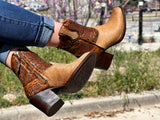 Women’s Tan Cowhide Ankle Boots / Artisan Embroidery