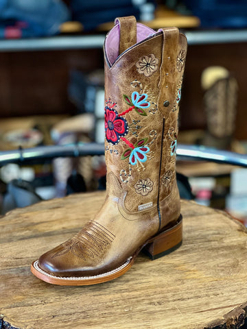 Women’s Rustic Brown Leather Boots With Flower Embroidery Shaft