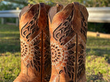 Women Rustic Honey Leather Boots With Gold Glitter Inlay- Snip Toe
