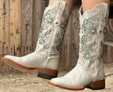 Women’s Pearl White Leather Boots With Turquoise Inlay