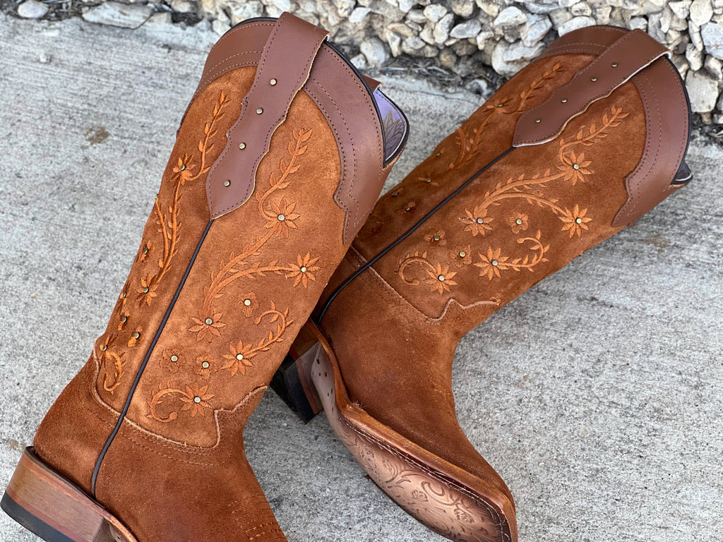 Women s Cognac Suede Boots With Floral Embroidery Texas Boot Ranch