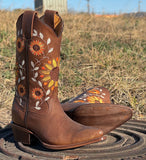 Women’s Brown Leather Boots With Sunflower Embroidery Shaft—Snip Toe