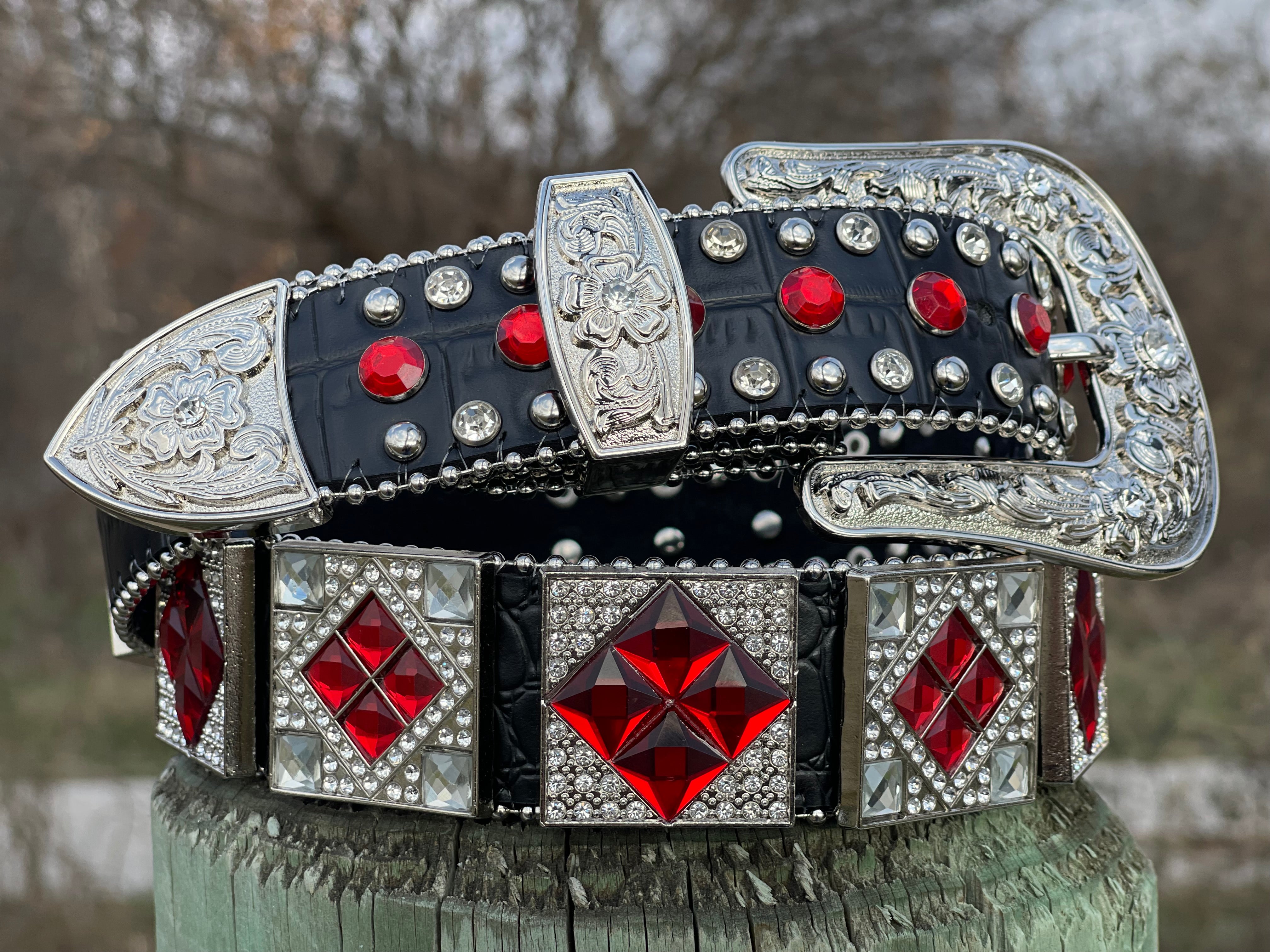 Genuine Leather Belt Size 34-36 ~ newest Red Floral Design Metal Studs & Rhinestones Western Boho Joed by Urbina Made in USA