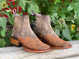 Women’s Weathered Squared Toe Leather Boots With Orange Embroidery