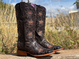Women’s Brown Leather Boots With Brown Inlay—Square Toe