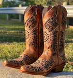 Women Rustic Honey Leather Boots With Gold Glitter Inlay- Snip Toe