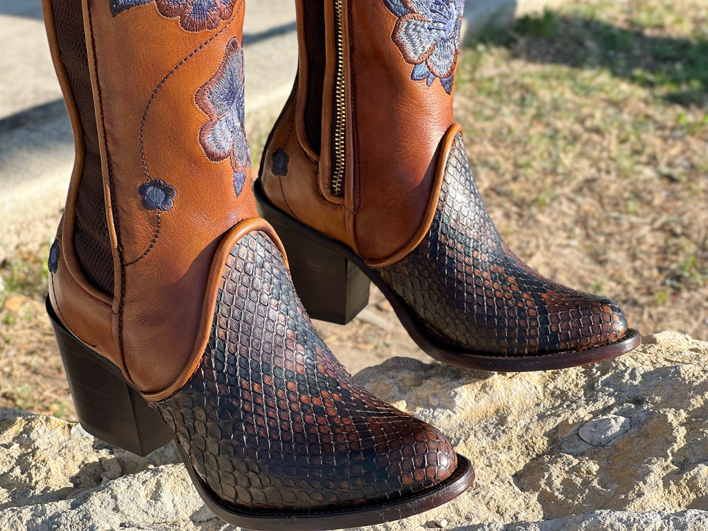 Women’s Original Brown Python Boots With Floral Embroidery – Texas Boot ...