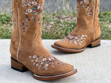 Women’s Honey Suede Leather Boots With Floral Embroidery-Square Toe