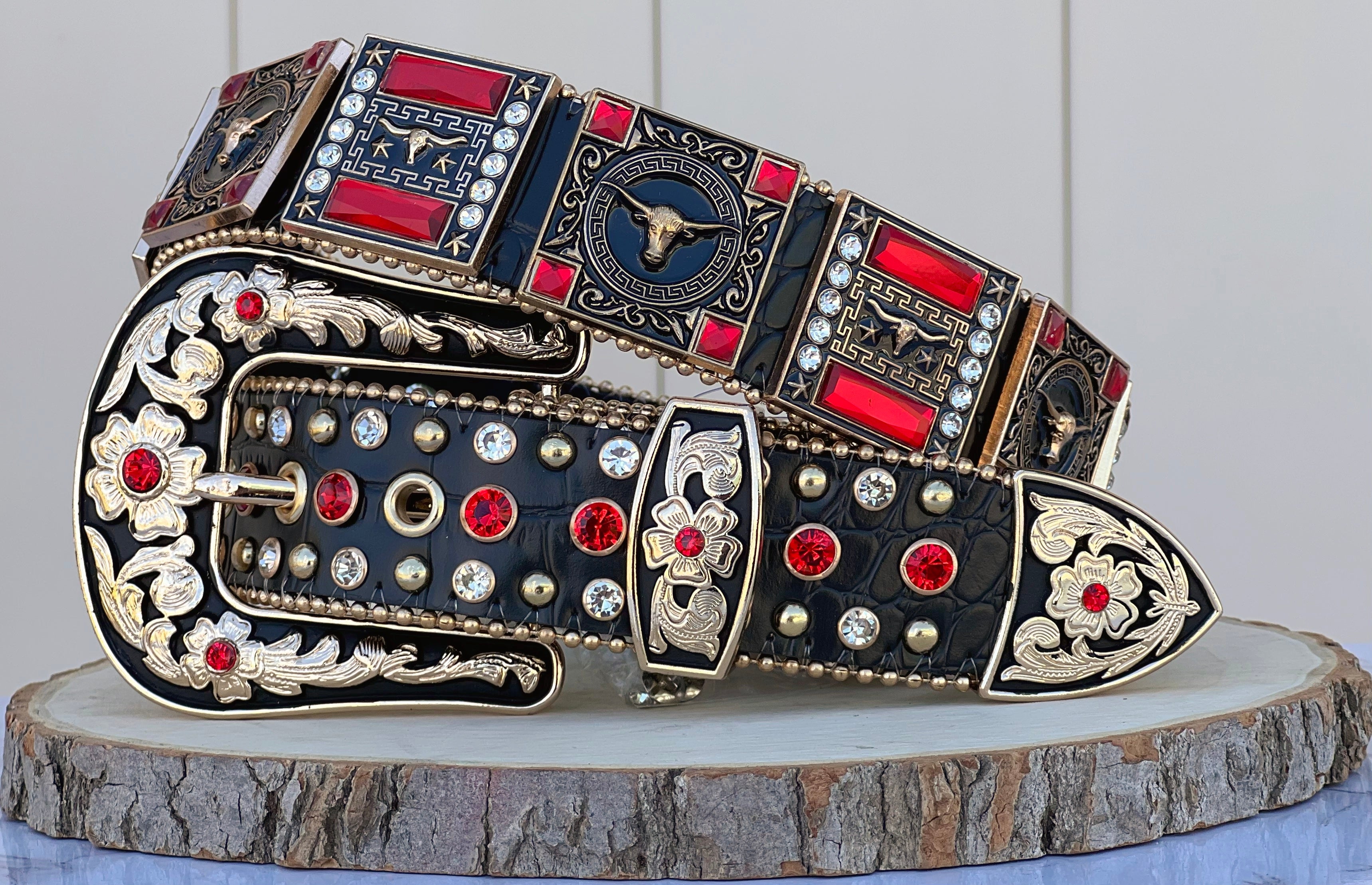 Bling Leather Belt Western Unisex Longhorn Buckle Colorful Rhinestone Hardware Black Colorful hotsell Tea Red White Coffee Stones Cowboy Cowgirl