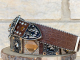 Unisex Brown Leather Belt With Horse Head Rhinestones
