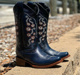 Women’s Blue Leather Boots/ Floral Shaft -Snip Toe