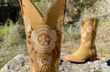 Women’s Honey Leather Boots With Floral Embroidery—Square Toe
