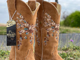 Women’s Honey Suede Leather Boots With Floral Embroidery-Square Toe