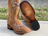 Women’s Honey Suede Leather Boots With Floral Embroidery-Square Toe