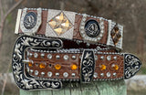 Unisex Brown Leather Belt With Mexican Eagle Rhinestone
