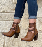Women’s Honey Color Ankle Boots With Leather Straps Around Ankle