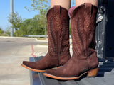 Women’s Brown Suede Boots With Beige Thread—Snip Toe