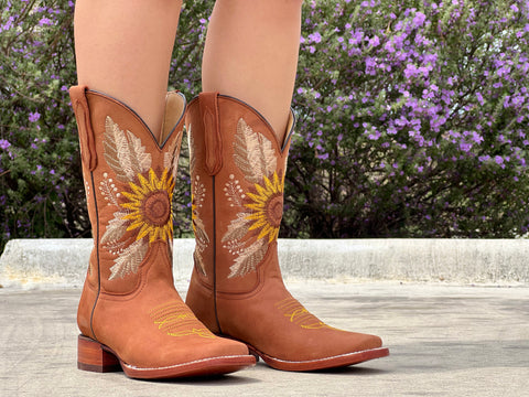 Women’s Cognac Sunflower Leather Boots- Square Toe