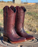 Women’s Burgundy Leather Boots With Floral Embroidery Shaft—Snip Toe
