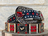 Western Black Leather Belt With Red/ Rooster Rhinestones