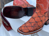 Men’s Cognac Fish Scale Leather Boots With Red Shaft
