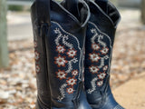 Women’s Blue Leather Boots/ Floral Shaft -Snip Toe