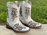 Kid’s White Leather Boots With Silver Inlay-Square Toe