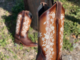 Women’s Brown Leather Boots With White Floral Embroidery