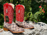 Men’s Rustic Bone Fish Leather Boots With Red Shaft- Square Toe