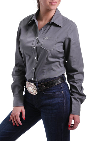 WOMEN'S CHARCOAL SOLID BUTTON-UP SHIRT