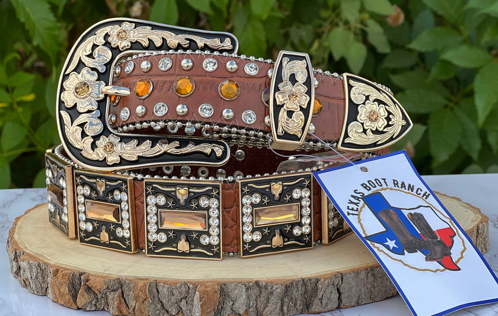 Hair-On Cowhide and Rhinestone Western Belt