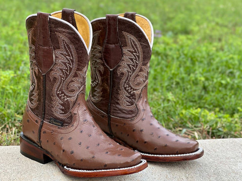 Kid’s Brown Ostrich Leather Boots —Rodeo Toe