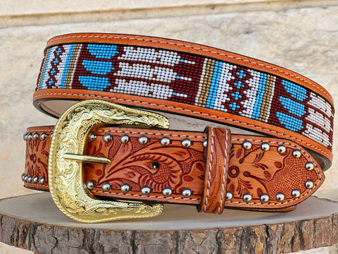 Cognac Artesanal Tabs With Turquoise, Maroon and White Beaded Leather Belt