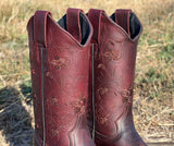 Women’s Burgundy Leather Boots With Floral Embroidery Shaft—Snip Toe