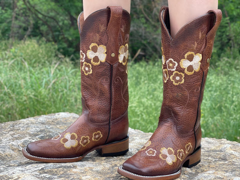 Women’s Cognac Bull Neck Leather Boot With Floral Embroidery—Square Toe