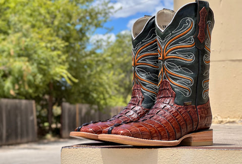 Men s Cognac Crocodile Tail Green Shaft Square Toe Texas Boot